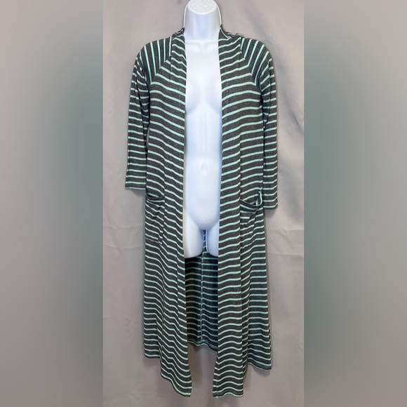 LuLaRoe Long Open‎ Duster Cardigan Sweater Women's Sz S Teal Green Gray Striped - Picture 1 of 9
